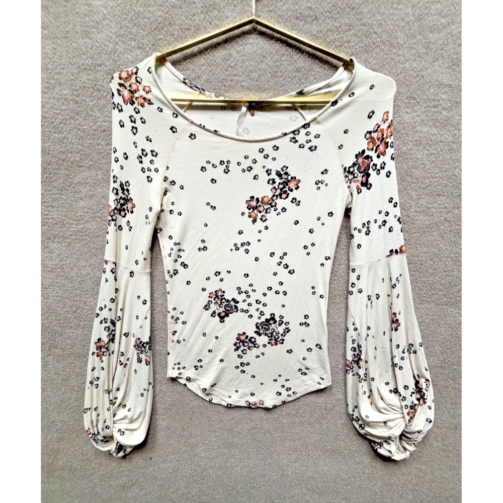 Free People Shirt Women Small Off White Floral Stretchy Bohemian‎ Festive EUC